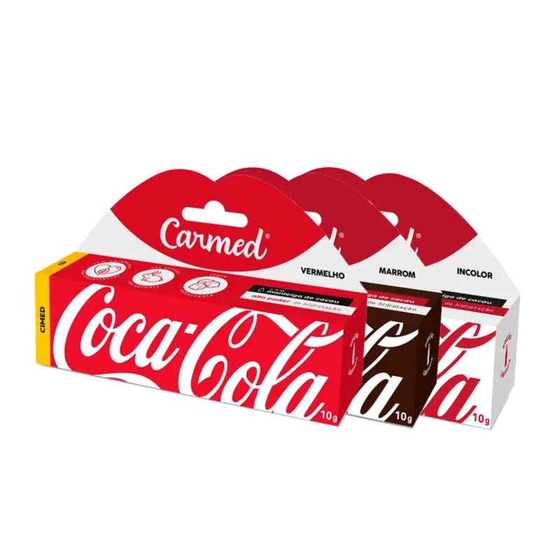 Kit Carmed Coca-Cola Hidratante Labial Vermelho + Marrom + Incolor 10g 3 unidades